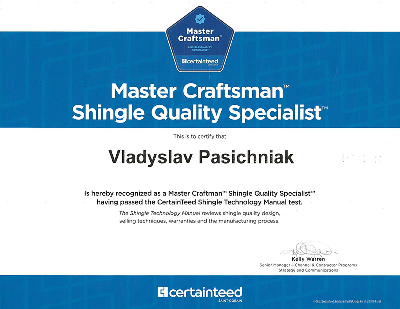 Master Craftsman Shingle Quality Specialist by Certainteed Roofing